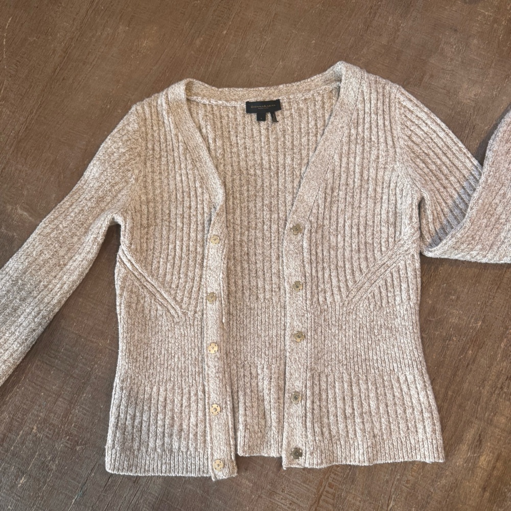 Donna Karan NY Heathered Oatmeal Ribbed Knit Crop Cardigan - Size S